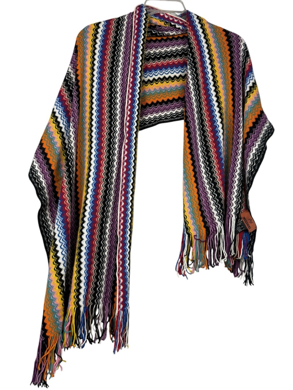 Missoni Chevron Multicolor Fringe Detail Wool Blend Wrap Scarf